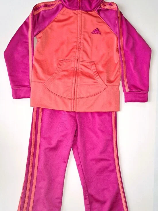 Adidas 3T Girls 2-Piece Tracksuit Set Excellent Condition Pink and Orange - Picture 2 of 6